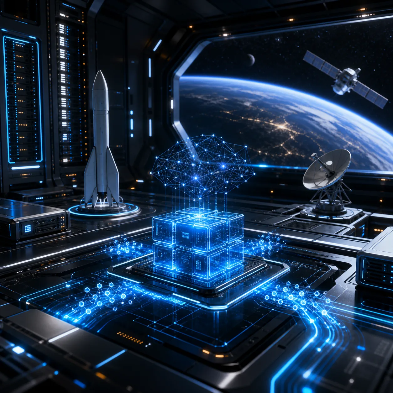 Orbital server bay representing Grokmaxus AI compute billing
