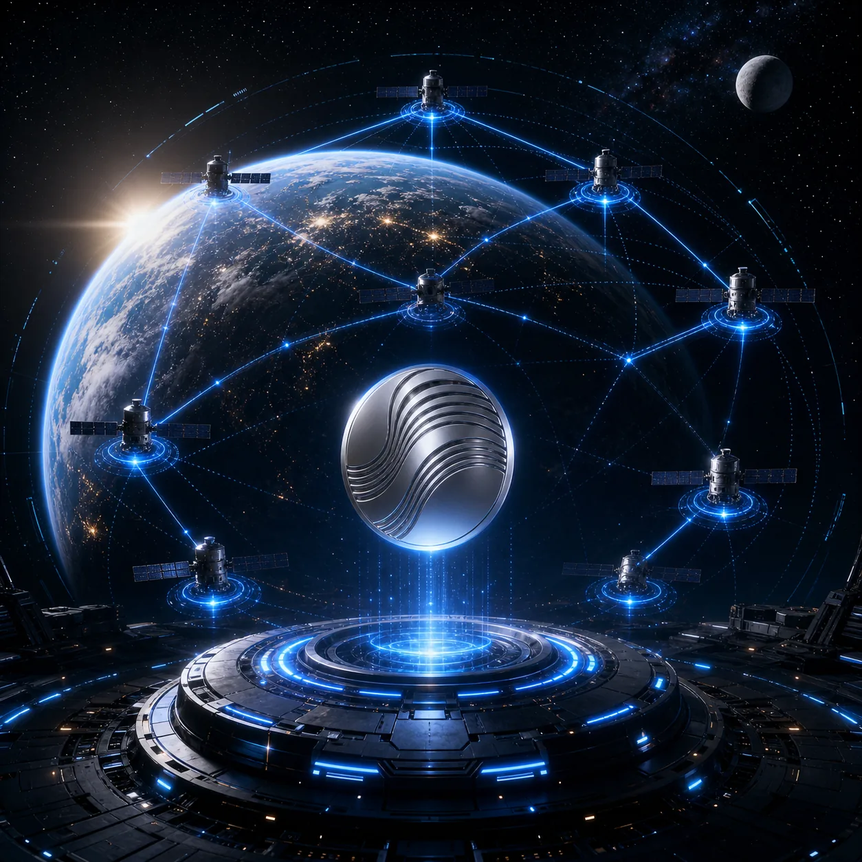 Satellite network around Earth representing Grokmaxus multi-chain settlement